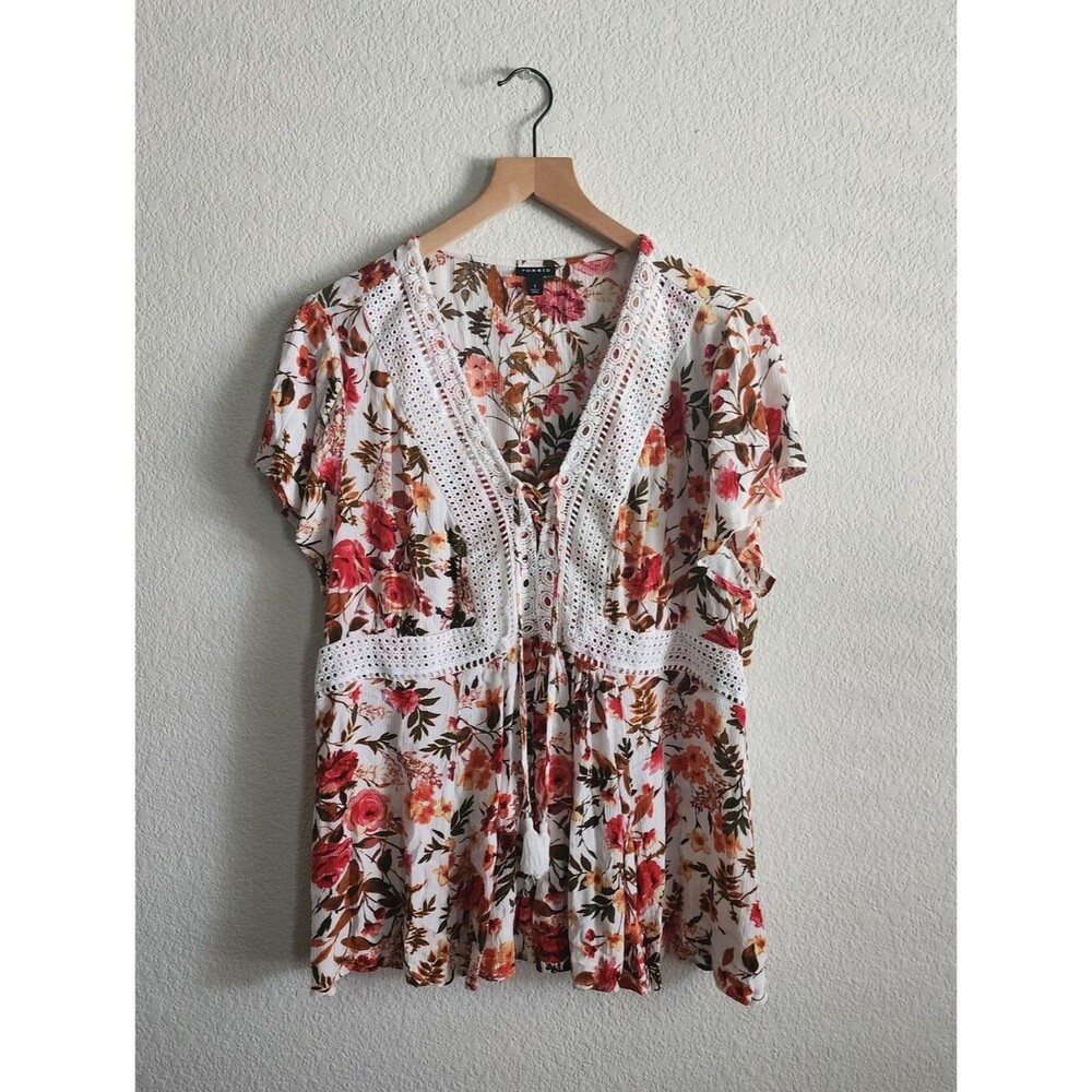 Torrid Babydoll Floral Crochet Lace V-Neck Sz.1/14-16 Gauze Blouse